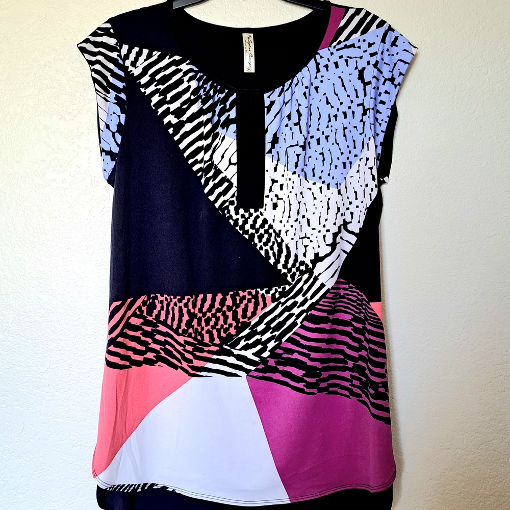 PerSeption Concept Tunic Top Size XL Black and Pink Abstract Blouse
